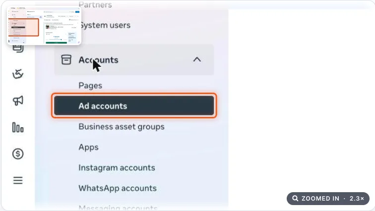 Business Suite settings with Ad accounts highlighted in the left menu