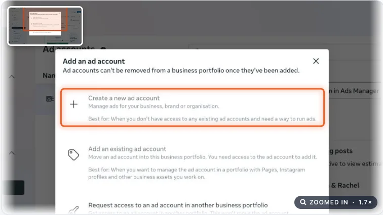 Add an ad account dialog with Create a new ad account highlighted