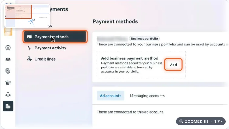 Billing and payments page with Payment methods and the Add button highlighted