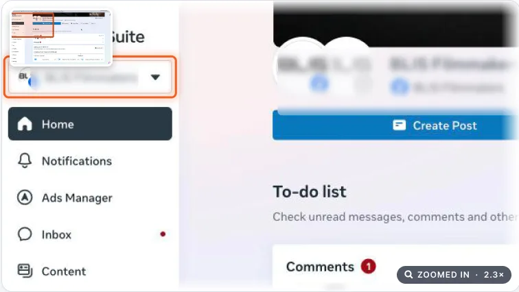 Meta Business Suite home with the business portfolio switcher highlighted
