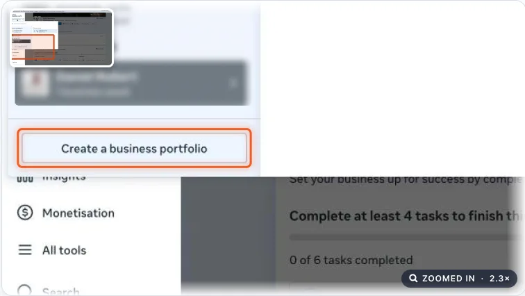 Portfolio switcher open with Create a business portfolio highlighted