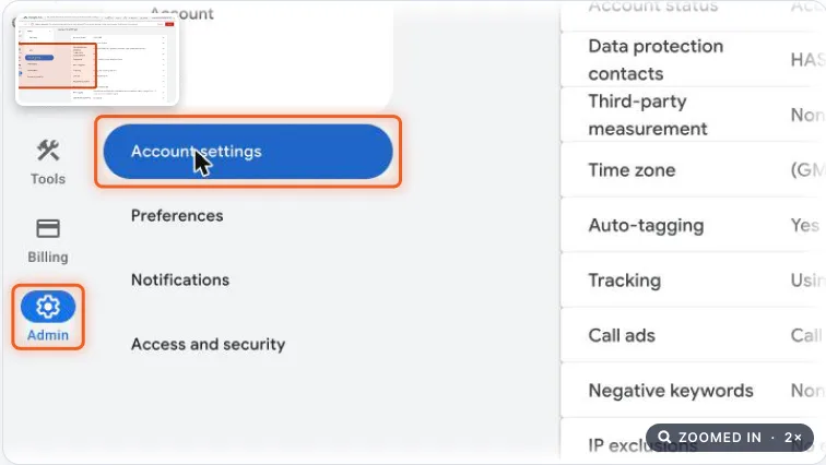 Google Ads Admin menu with Account settings highlighted