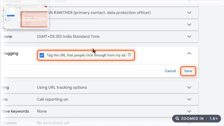 Auto-tagging row open with the Tag the URL checkbox and Save highlighted