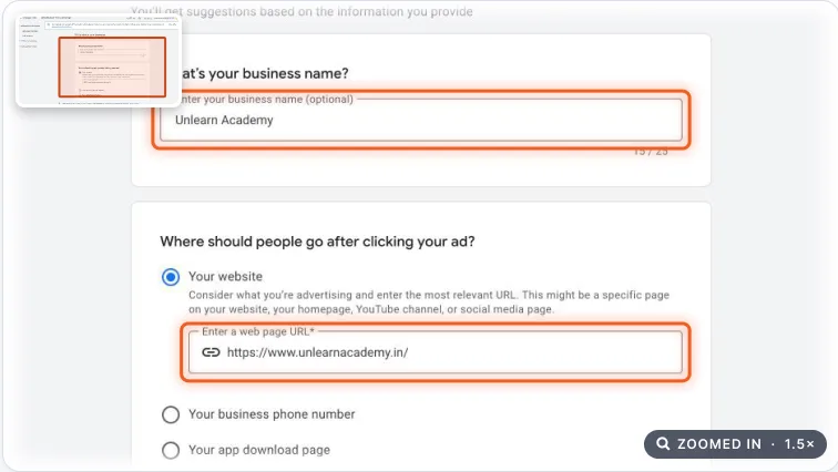 Tell us about your business form with business name and website fields highlighted