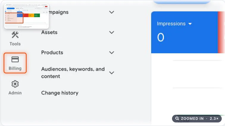 Google Ads overview dashboard with Billing highlighted in the left menu