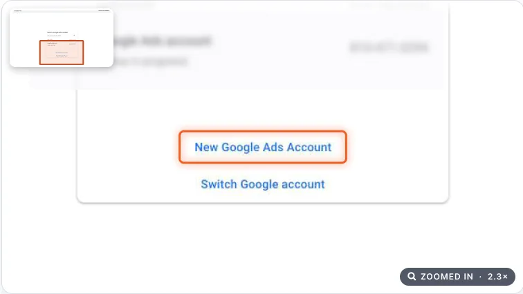 Select a Google Ads account screen with New Google Ads Account highlighted