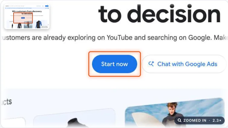 Google Ads homepage with the blue Start now button highlighted