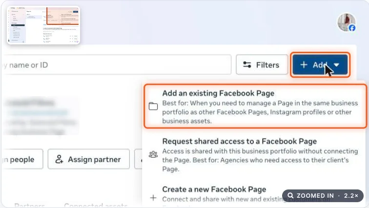 Pages settings with the Add menu open and Add an existing Facebook Page highlighted