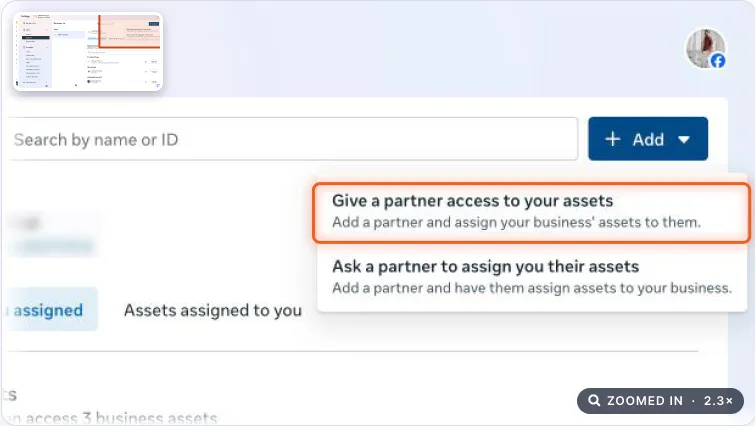 Partners settings with Give a partner access to your assets highlighted