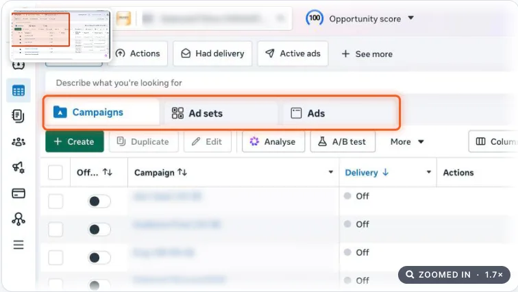 Meta Ads Manager with the Campaigns, Ad sets and Ads tabs highlighted