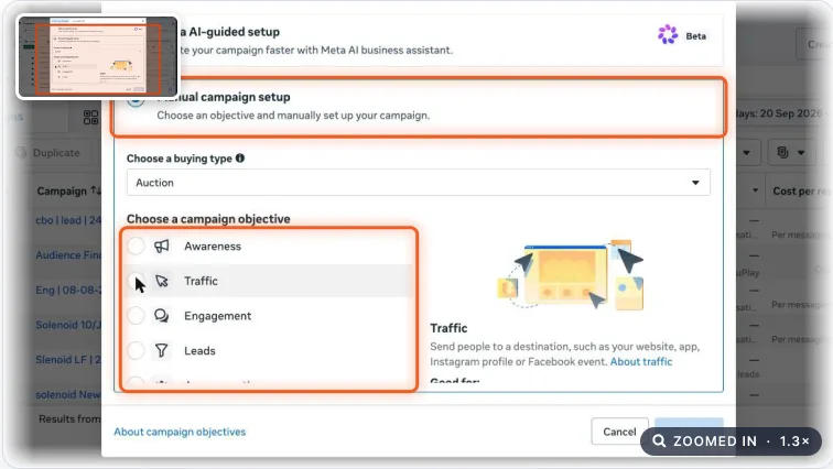 Create new campaign dialog with the campaign setup options and the campaign objective list highlighted
