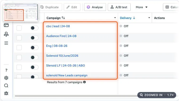 Ads Manager campaign list showing campaign names in mixed styles