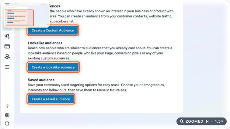 Ads Manager Audiences page with the Create a Custom Audience, Lookalike and Saved audience buttons highlighted