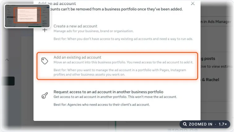 Add an ad account dialog with Add an existing ad account highlighted