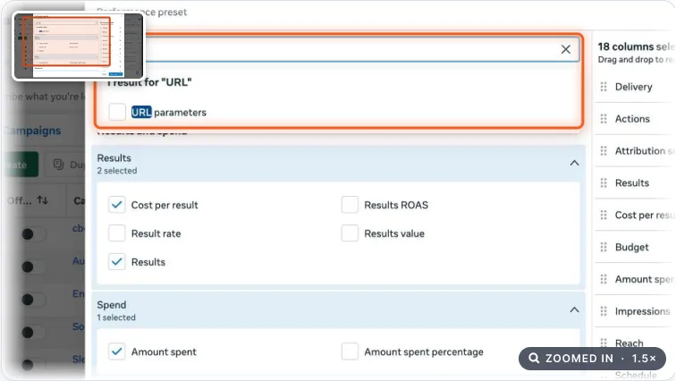 Customise columns dialog with URL typed in the search box and URL parameters shown