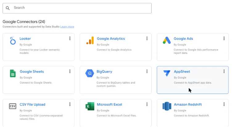Data Studio Google connectors including Google Analytics, Google Ads and Google Sheets