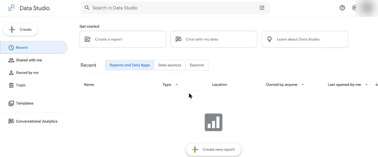 Data Studio home with Create a report