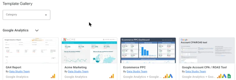 Data Studio template gallery with GA4 and Google Ads report templates