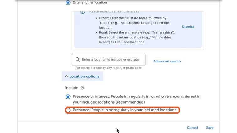 Google Ads location options with Presence selected
