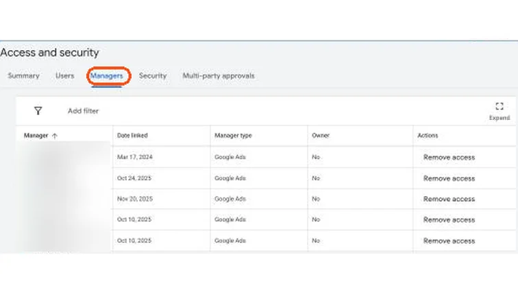 Google Ads Access and security, Managers tab listing linked manager accounts
