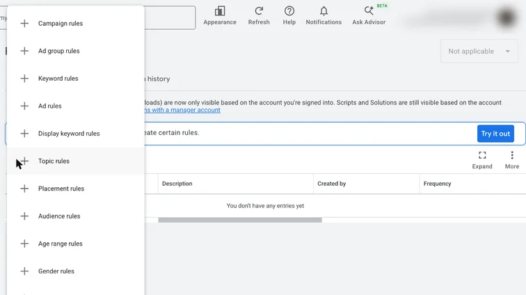Google Ads new rule menu with campaign, ad group, keyword and ad rules