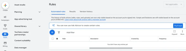 Google Ads Automated rules page under Tools, Bulk actions