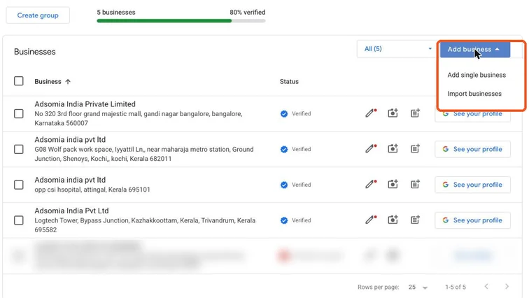 Google Business Profile Manager with the Add business menu open, showing Add single business