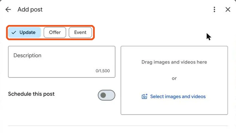 Add post window with the Update, Offer and Event options highlighted