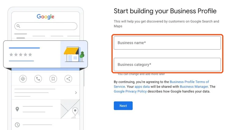 Start building your Business Profile form with Business name and Business category fields highlighted