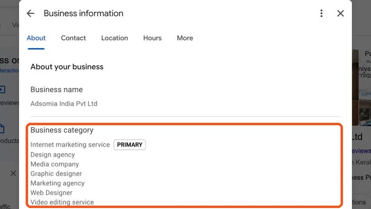 Business information About tab showing the primary category and secondary categories