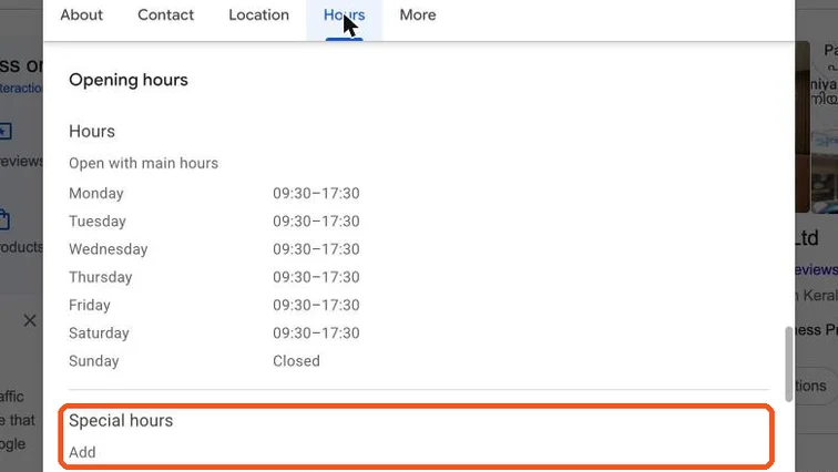 Business information Hours tab with the Special hours section highlighted