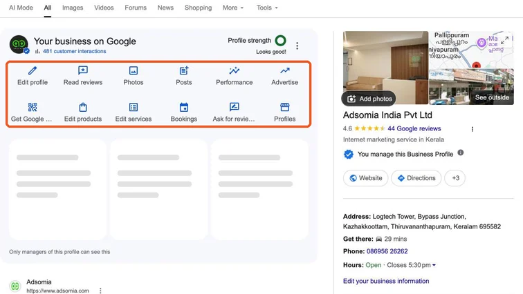 Your business on Google panel in Google Search with Edit profile, Read reviews, Photos, Posts and Performance highlighted