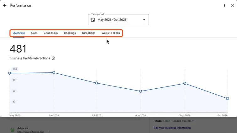 Performance panel with the Overview, Calls, Chat clicks, Bookings, Directions and Website clicks tabs highlighted