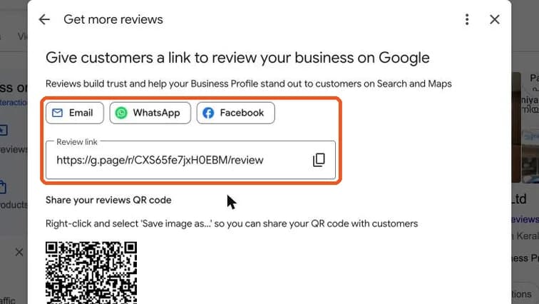 Get more reviews panel with WhatsApp share button and the review link highlighted