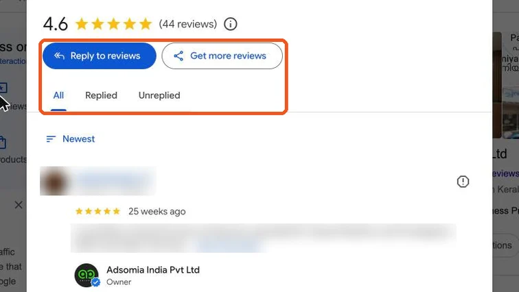 Reviews panel with Reply to reviews button and the All, Replied and Unreplied tabs highlighted; reviewer details blurred