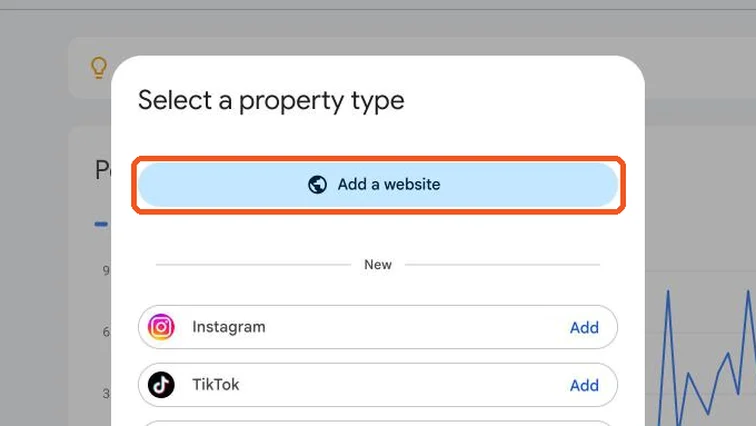 Search Console Select a property type window with Add a website highlighted, plus new social channel options