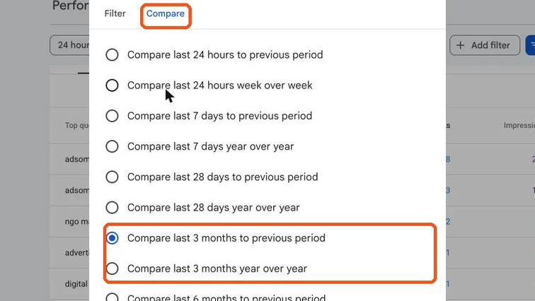 Date range window on the Compare tab with comparison options highlighted
