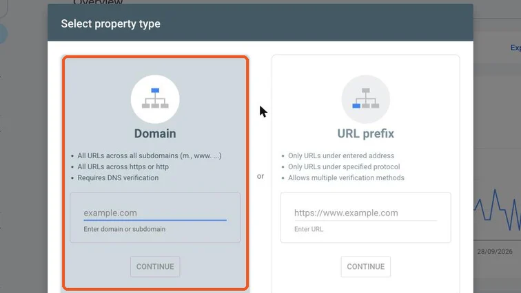 Select property type window comparing Domain and URL prefix, with Domain highlighted