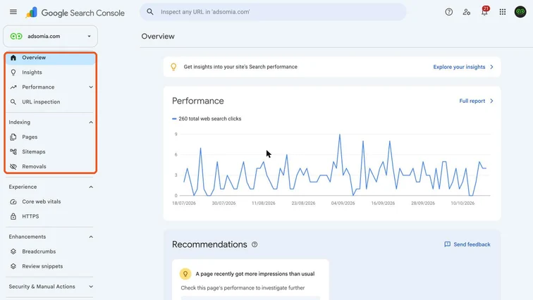 Search Console Overview with the left menu (Performance, URL inspection, Pages, Sitemaps) highlighted