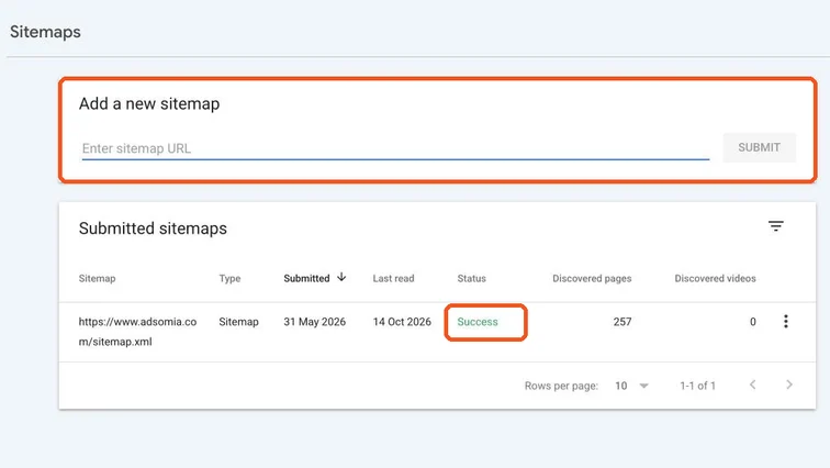 Search Console Sitemaps page with the Add a new sitemap box and a sitemap with Success status highlighted