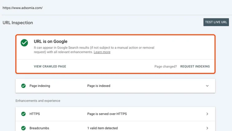 URL Inspection result showing URL is on Google, with Request indexing and Test live URL