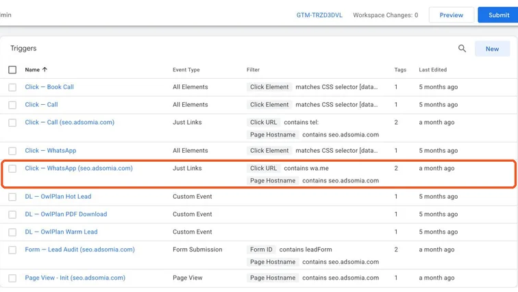 GTM triggers list including Custom Event triggers
