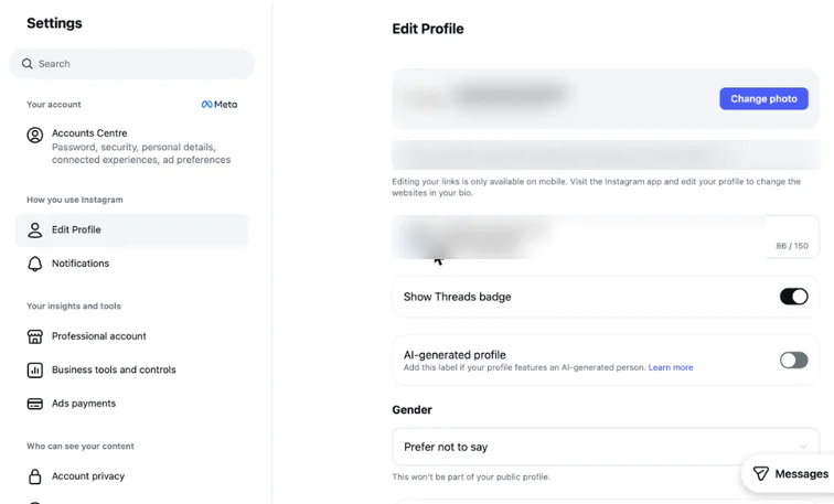 Instagram Edit profile settings with Professional account and Business tools in the menu (account details blurred)