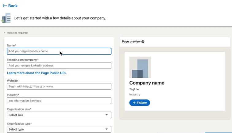 LinkedIn company page form with name, public URL, website, industry, size and type, and a live page preview