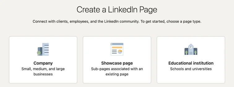 LinkedIn Create a LinkedIn Page screen with Company, Showcase page and Educational institution