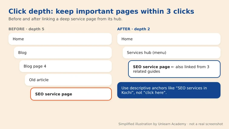 Click depth before and after linking a deep service page from its hub