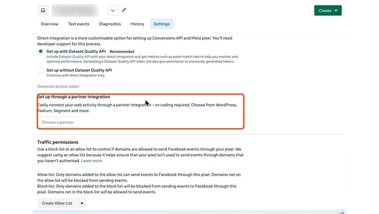 Conversions API setup options, including Set up through a partner integration