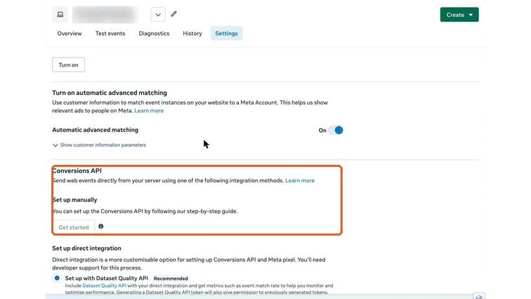 Events Manager dataset settings with the Conversions API section