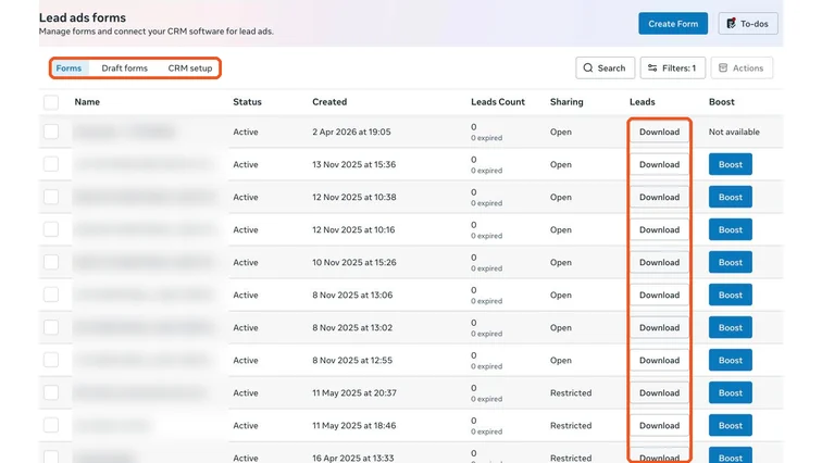 Lead ads forms list with a Download button for each form