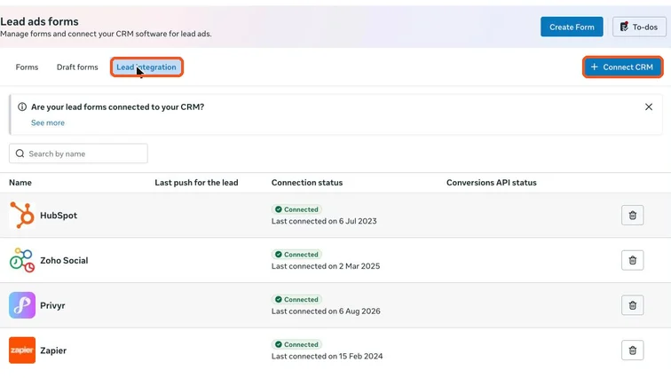 Meta Business Suite Lead ads forms, Lead integration tab with connected CRMs and the Connect CRM button